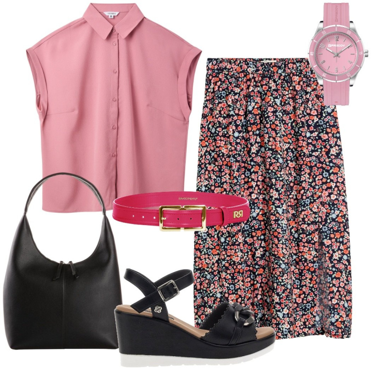 Outfit donna - Urban style. Stile Casual chic per Tutti i giorni. Abbinamento con gonne longuette, shopping bag, camicie a manica corta, cinture, orologi, sandali.