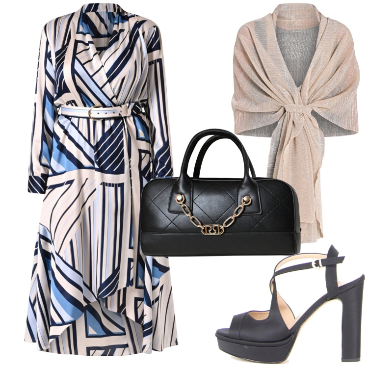 Outfit donna - Abito chemisier elegante. Stile Chic per Cerimonia. Abbinamento con stole, borse a mano, vestiti chemisier, sandali col tacco.