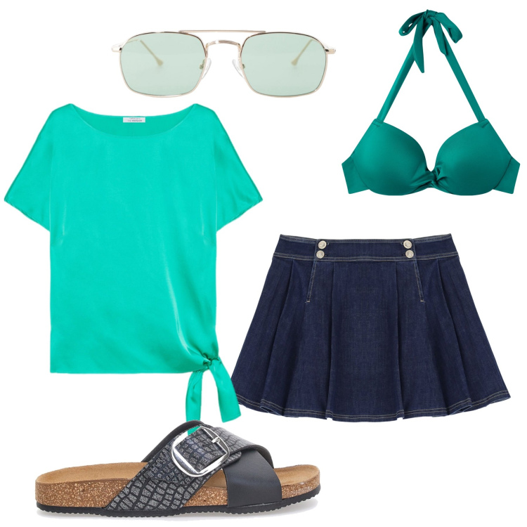 Outfit donna - In verde per il falò. Stile Casual per Mare. Abbinamento con bikini, minigonne, occhiali da sole, bluse, ciabatte.