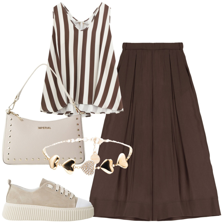Outfit donna - City. Stile Trendy per Tutti i giorni. Abbinamento con pantaloni, top, sneakers, borse a spalla, braccialetti.