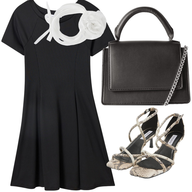 Outfit donna - Ristorante chic in Terranova. Stile Bon Ton per Serata fuori. Abbinamento con sandali col tacco, vestiti corti, collane, borse a tracolla.