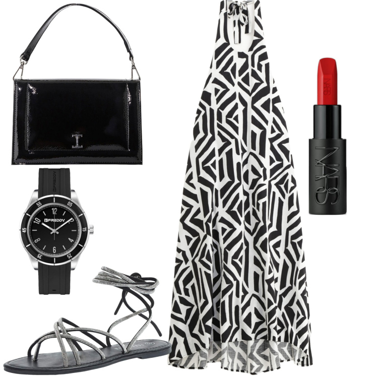 Outfit donna - Serata. Stile Casual chic per Serata fuori. Abbinamento con rossetti, sandali alla schiava, borse a tracolla, vestiti lunghi, orologi.