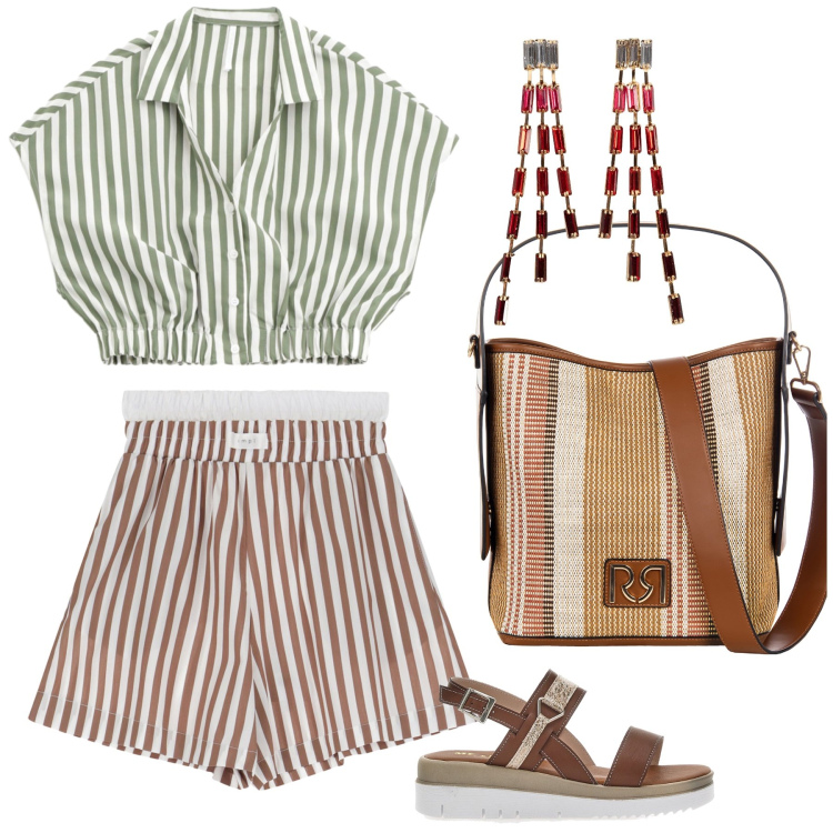 Outfit donna - Stripes on the beach. Stile Boho per Mare. Abbinamento con orecchini, borse a secchiello, pantaloni corti, camicie a manica corta, sandali col tacco.