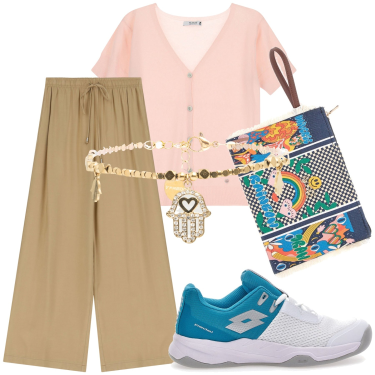 Outfit donna - Passeggiata con gelato. Stile Casual chic per Tutti i giorni. Abbinamento con cardigans, pantaloni, braccialetti, sneakers, pochette.