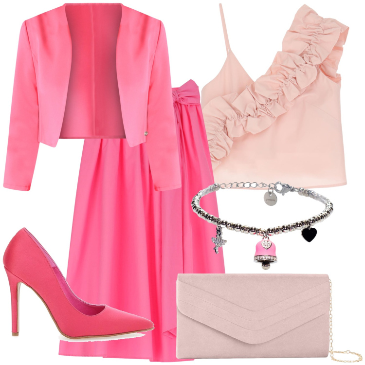 Outfit donna - Invitata a settembre. Stile Glamour per Cerimonia. Abbinamento con pochette, bolero, gonne lunghe, top, braccialetti, décolleté.