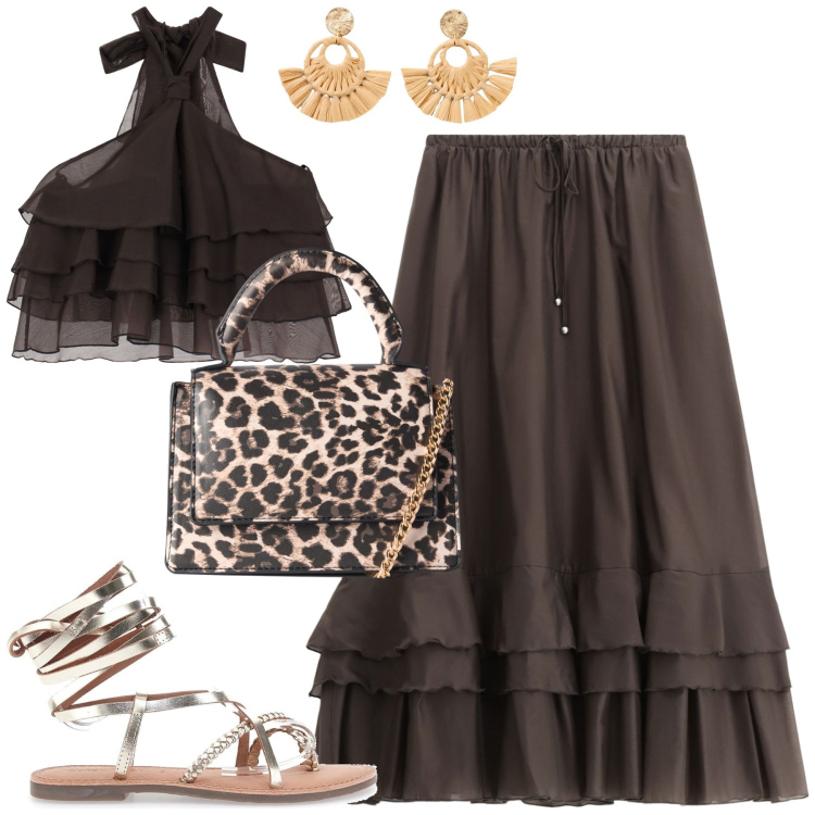 Outfit donna - Serata. Stile Casual chic per Serata fuori. Abbinamento con orecchini, borse a tracolla, top, gonne lunghe, sandali alla schiava.