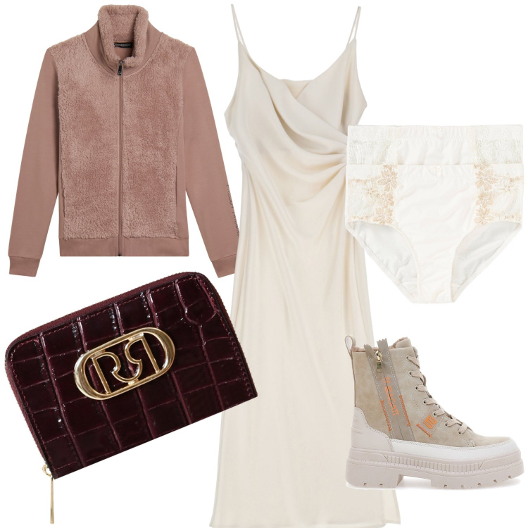 Outfit donna - Uscita sulle vette. Stile Trendy per Serata fuori. Abbinamento con culotte, portafogli, vestiti midi/longuette, felpe, anfibi.
