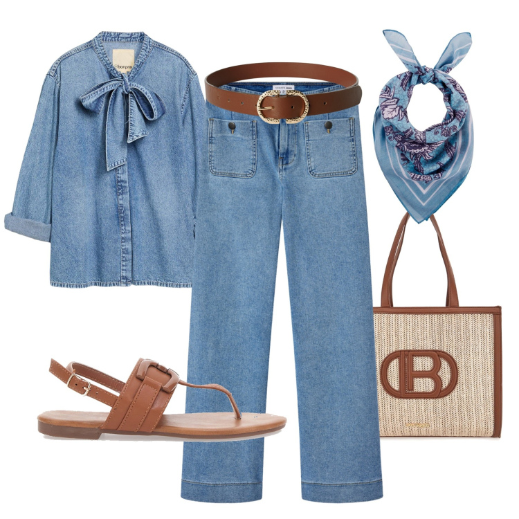 Outfit donna - Denim e cuoio. Stile Urban per Tutti i giorni. Abbinamento con camicie, foulard, jeans, cinture, borse a spalla, sandali.