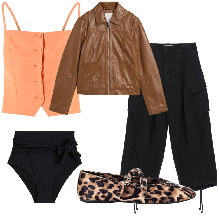 Outfit donna - Il primo chiodo di stagione. Stile Casual chic per Tutti i giorni. Abbinamento con culotte, blazer, ballerine, canottiere, pantaloni.