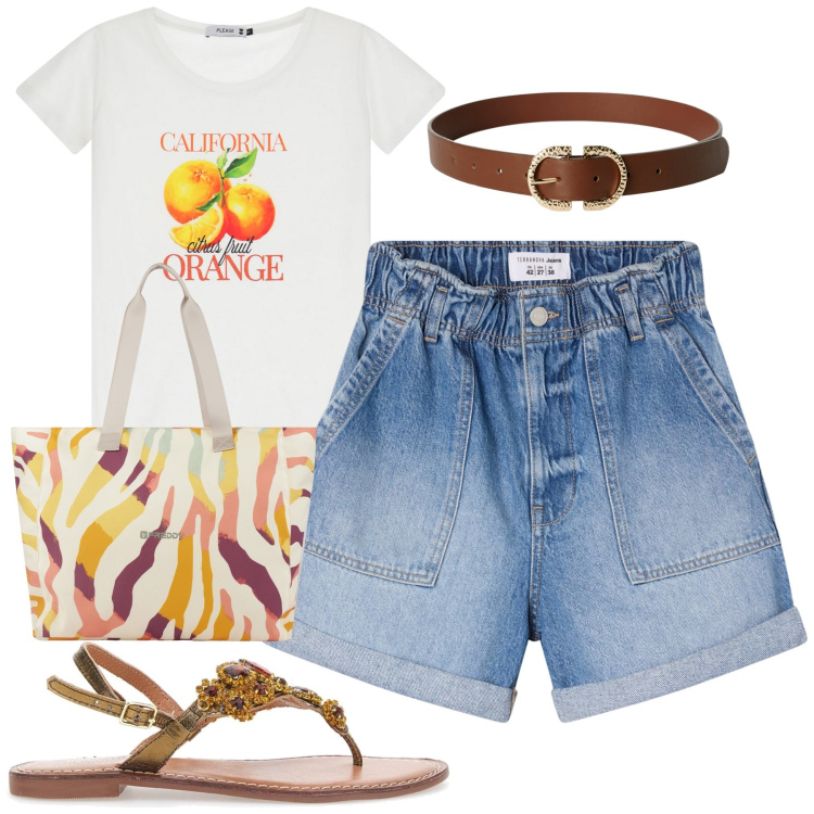 Outfit donna - Agosto. Stile Casual chic per Tutti i giorni. Abbinamento con shorts, cinture, t-shirt, shopping bag, sandali gioiello.