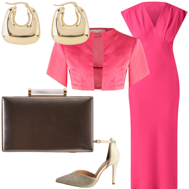 Outfit donna - Eleganza da invitata chic. Stile Glamour per Cerimonia. Abbinamento con orecchini, décolleté, clutch, vestiti midi/longuette, bolero.