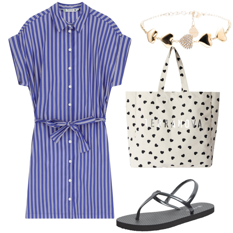 Outfit donna - A far le spese del lunedì. Stile Basic per Tutti i giorni. Abbinamento con sandali, borse tote, vestiti corti, braccialetti.