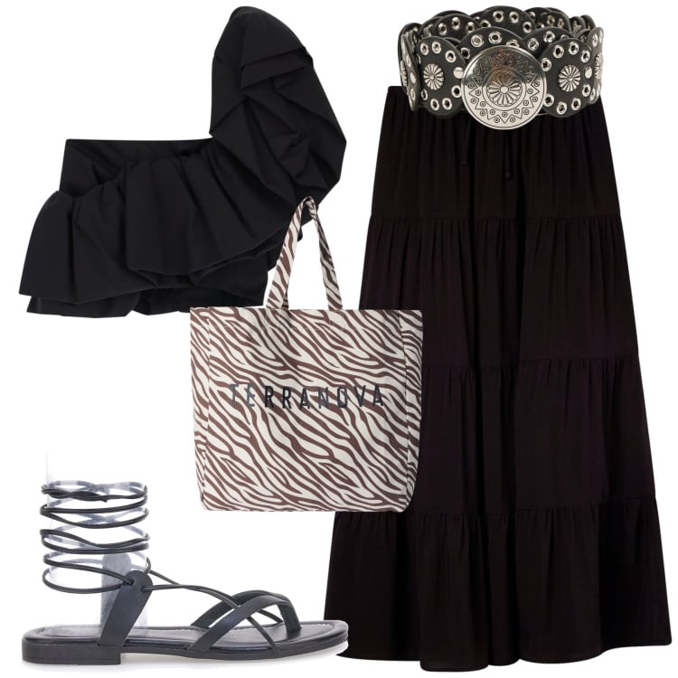 Outfit donna - Total look #2230306. Stile Boho per Mare. Abbinamento con gonne lunghe, cinture, borse tote, top, sandali alla schiava.