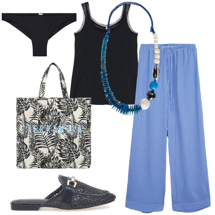 Outfit donna - Total look #2230307. Stile Casual per Tutti i giorni. Abbinamento con pantaloni, culotte, borse tote, canottiere, sabot, collane.