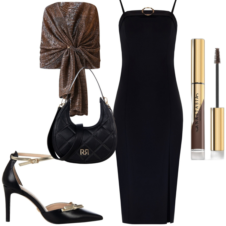 Outfit donna - Serata. Stile Chic per Serata fuori. Abbinamento con mascara, stole, borse a tracolla, décolleté, vestiti midi/longuette.