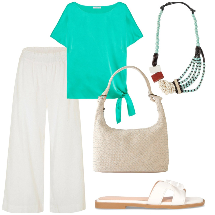 Outfit donna - Blusa turchese. Stile Casual chic per Tutti i giorni. Abbinamento con pantaloni culotte, shopping bag, bluse, ciabatte, collane.