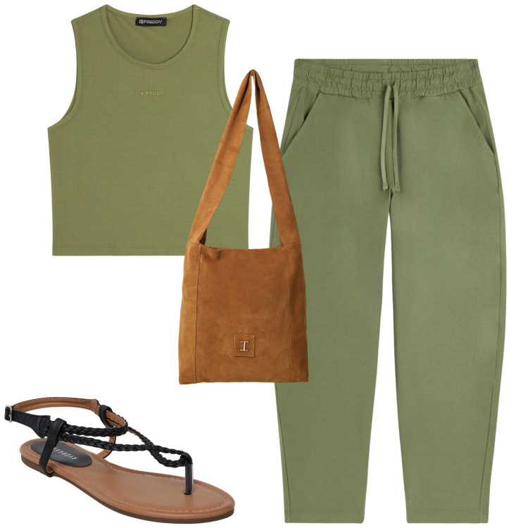 Outfit donna - Freedy. Stile Casual per Tutti i giorni. Abbinamento con ciabatte, borse a tracolla, pantaloni, top.