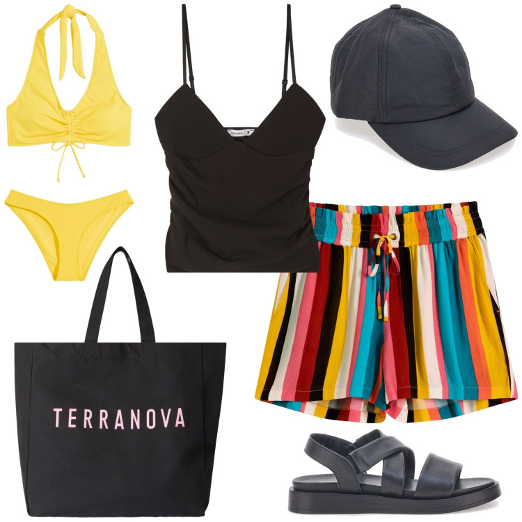 Outfit donna - Total look #2230319. Stile Casual per Mare. Abbinamento con bikini, pantaloni corti, canottiere, borse tote, cappelli con visiera, sandali.