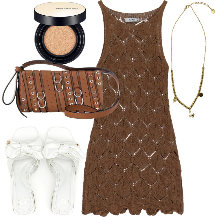 Outfit donna - Moka. Stile Trendy per Tutti i giorni. Abbinamento con fondotinta, borse a spalla, vestiti corti, ciondoli, ciabatte.