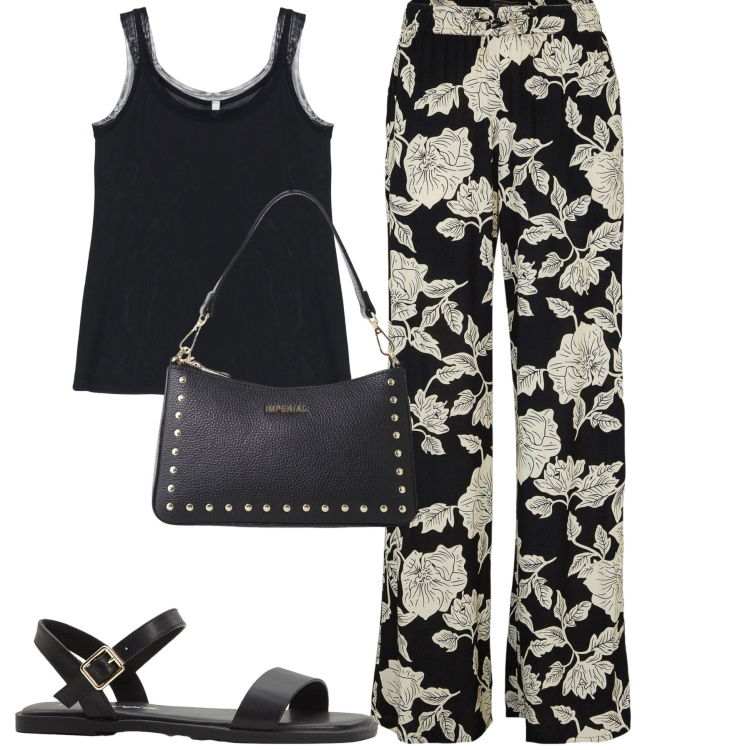 Outfit donna - City. Stile Urban per Tutti i giorni. Abbinamento con pantaloni a palazzo, sandali, borse a spalla, canottiere.