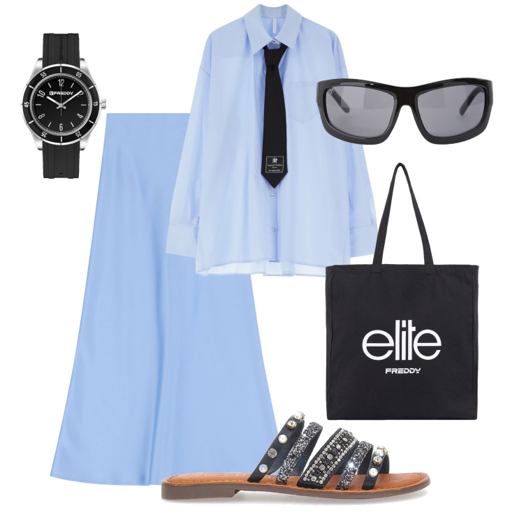 Outfit donna - Urbana fuori dagli schemi. Stile Urban per Tutti i giorni. Abbinamento con gonne lunghe, occhiali da sole, camicie, orologi, shopping bag, ciabatte.