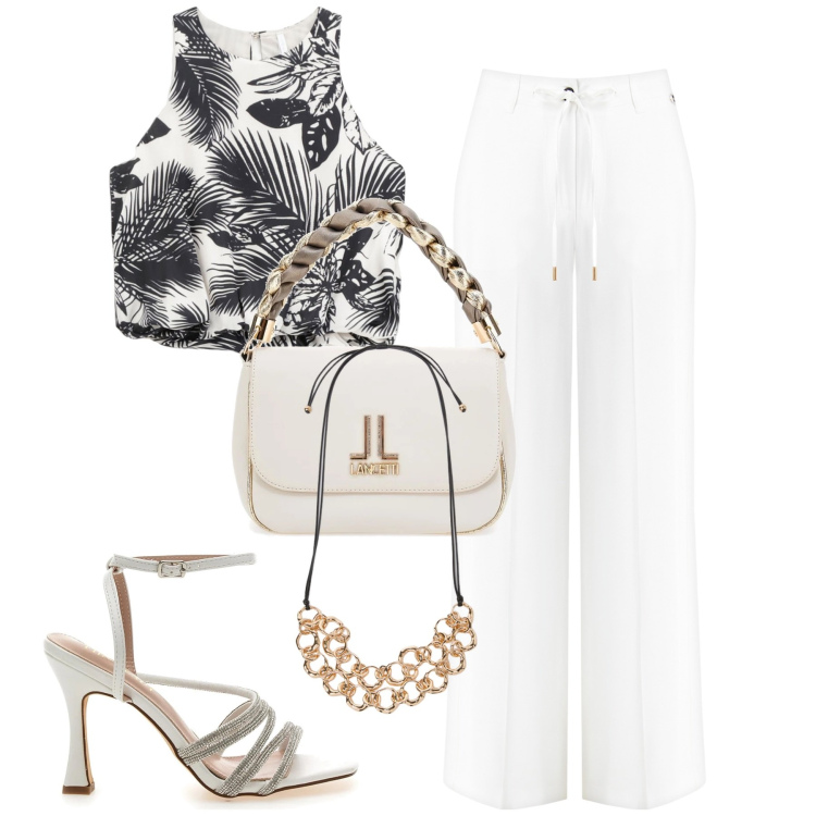 Outfit donna - Agosto. Stile Minimal per Tutti i giorni. Abbinamento con pantaloni, top, sandali gioiello, collane, borse a tracolla.