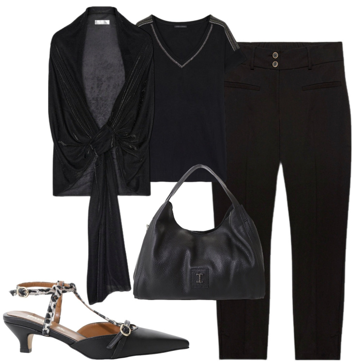 Outfit donna - Il coprispalle in lurex. Stile Chic per Serata fuori. Abbinamento con décolleté, pochette, pantaloni, t-shirt, bolero.