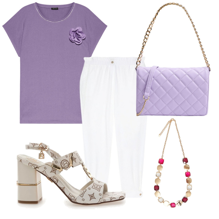 Outfit donna - Un po\' di viola. Stile Casual per Tutti i giorni. Abbinamento con borse a tracolla, bluse, sandali col tacco, pantaloni, collane.