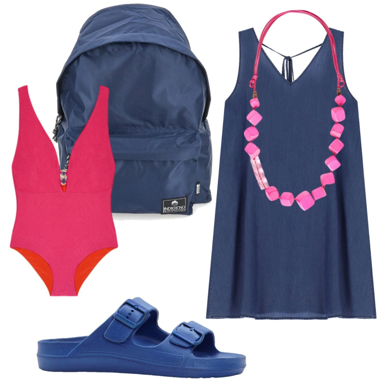 Outfit donna - Costume intero reversibile. Stile Casual per Mare. Abbinamento con ciabatte, vestiti corti, zaini, collane, costumi interi.