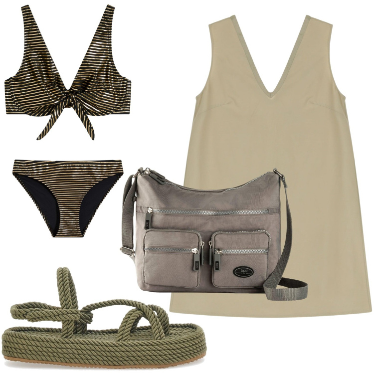 Outfit donna - Abito corto minimal. Stile Etnico per Mare. Abbinamento con borse a tracolla, bikini, vestiti corti, sandali.