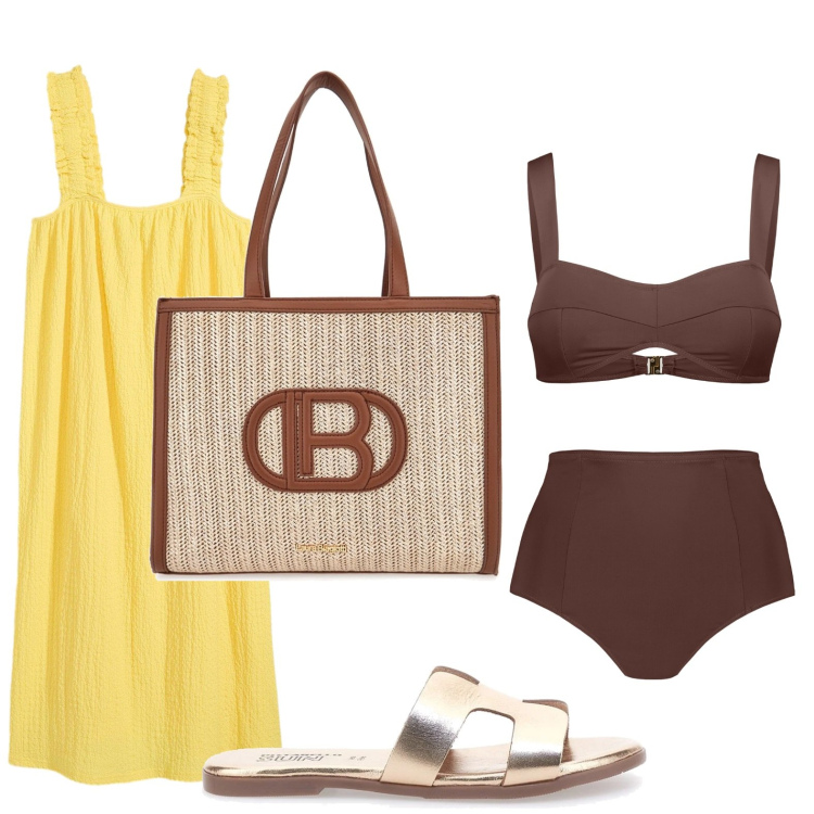Outfit donna - Il costume iconico. Stile Glamour per Mare. Abbinamento con vestiti, bikini, ciabatte, borse a spalla.