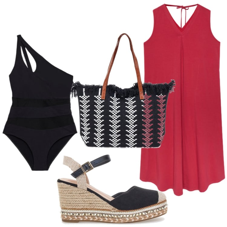 Outfit donna - Il costume monospalla. Stile Etnico per Mare. Abbinamento con costumi interi, zeppe, vestiti midi/longuette, borse a spalla.