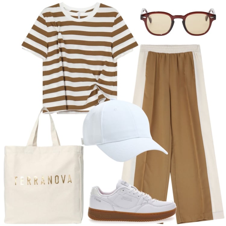 Outfit donna - Ritorno all’Università. Stile Sporty chic per Scuola/Università. Abbinamento con cappelli, borse tote, pantaloni, occhiali da sole, t-shirt, sneakers.