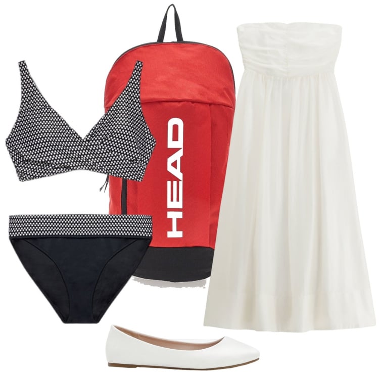Outfit donna - Eleganza sulla spiaggia. Stile Etnico per Mare. Abbinamento con ballerine, vestiti senza maniche, bikini, zaini.