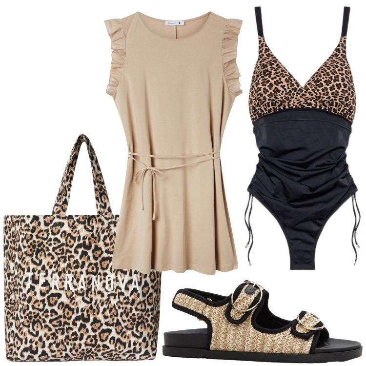 Outfit donna - Dettagli maculati. Stile Casual per Mare. Abbinamento con sandali, vestiti, borse tote, costumi interi.