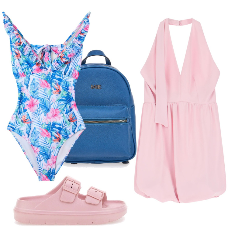 Outfit donna - Lo zaino pratico. Stile Minimal per Mare. Abbinamento con costumi interi, vestiti corti, zaini, ciabatte.