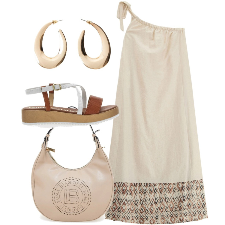 Outfit donna - Orlo Azteco. Stile Chic per Tutti i giorni. Abbinamento con orecchini, vestiti lunghi, sandali, borse a spalla.