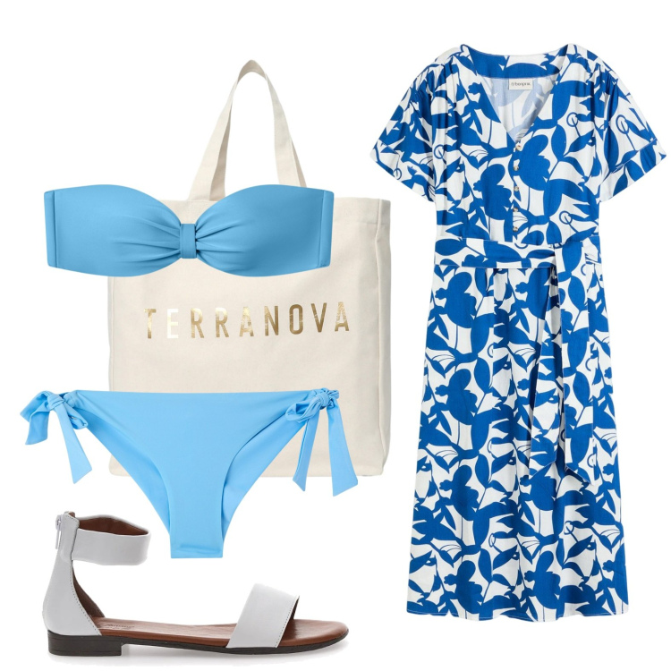 Outfit donna - Il bikini azzurro mare. Stile Minimal per Mare. Abbinamento con vestiti chemisier, bikini, borse tote, bikini, sandali.