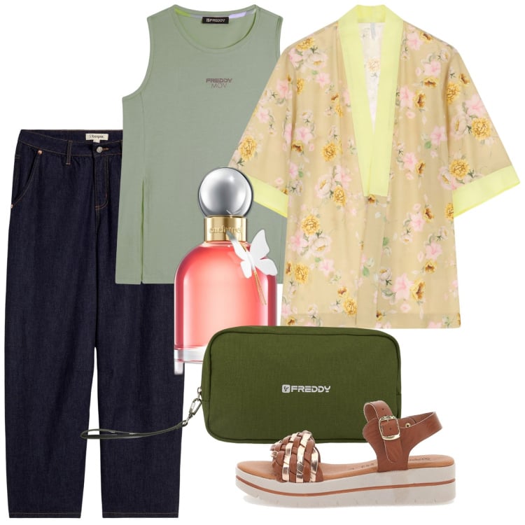 Outfit donna - Agosto japan. Stile Bon Ton per Tutti i giorni. Abbinamento con jeans, profumi, bluse, canottiere, valigie, sandali.