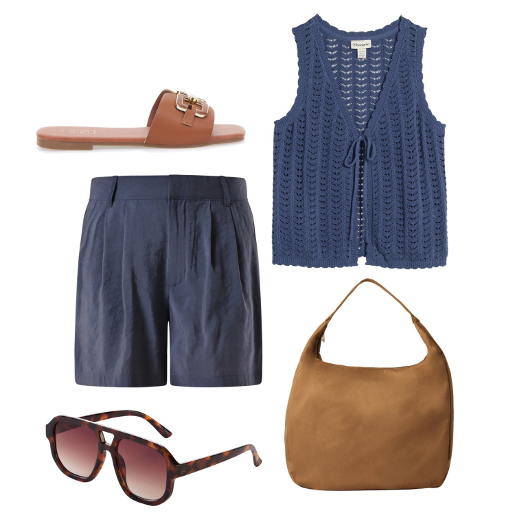 Outfit donna - Easy con il gilet traforato. Stile Casual per Tutti i giorni. Abbinamento con occhiali da sole, maglieria, borse a mano, shorts, ciabatte.