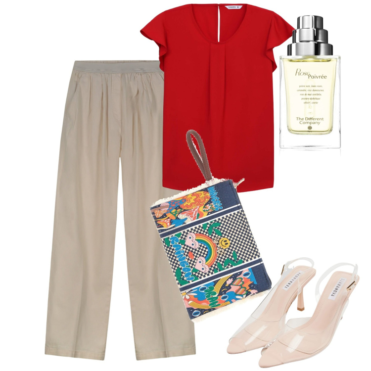 Outfit donna - Agosto. Stile Bon Ton per Tutti i giorni. Abbinamento con profumi, bluse, sandali col tacco, pochette, pantaloni.
