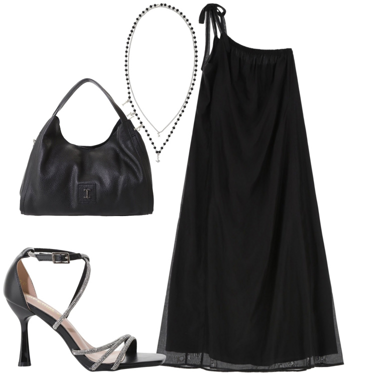 Outfit donna - Agosto. Stile Minimal per Serata fuori. Abbinamento con vestiti lunghi, sandali col tacco, collane, pochette.