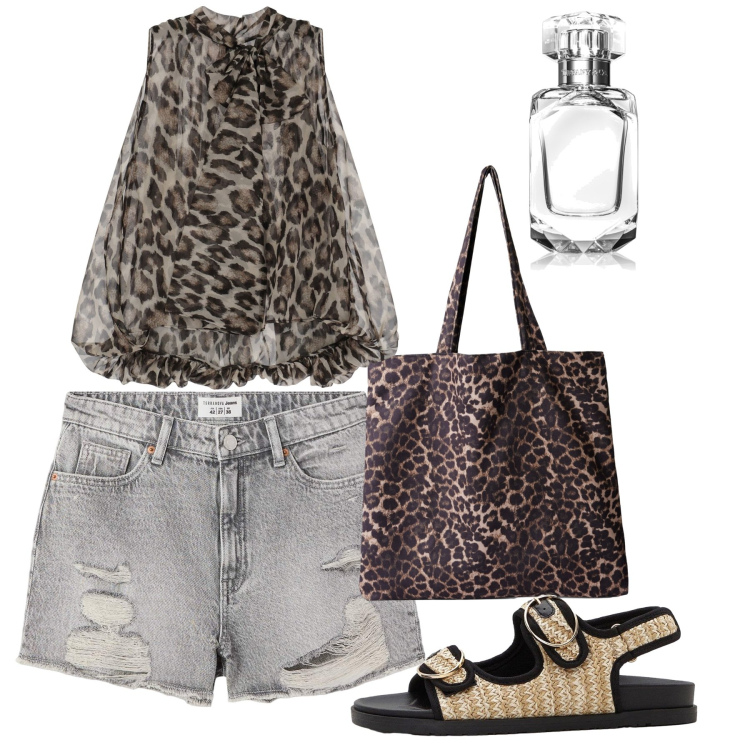 Outfit donna - Animalier. Stile Casual chic per Serata fuori. Abbinamento con sandali, profumi, shorts, shopping bag, camicie.