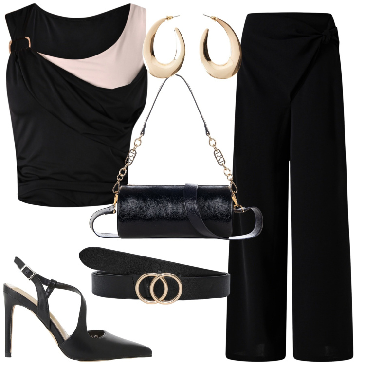 Outfit donna - Agosto. Stile Chic per Tutti i giorni. Abbinamento con orecchini, cinture, top, pantaloni, borse a mano, décolleté.