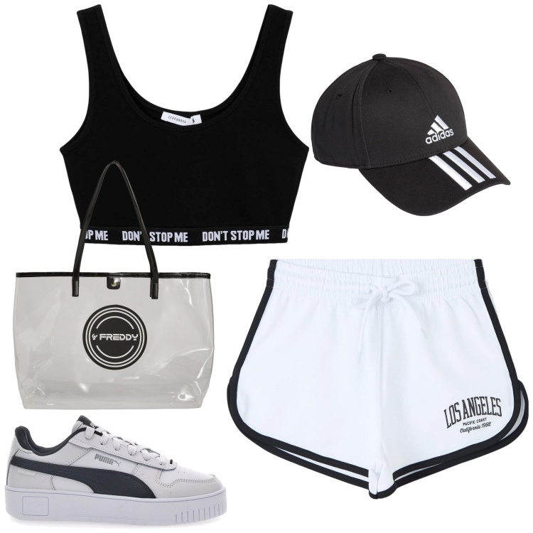Outfit donna - Sporty. Stile Casual per Tutti i giorni. Abbinamento con shorts, reggiseni, shopping bag, sneakers, cappelli.