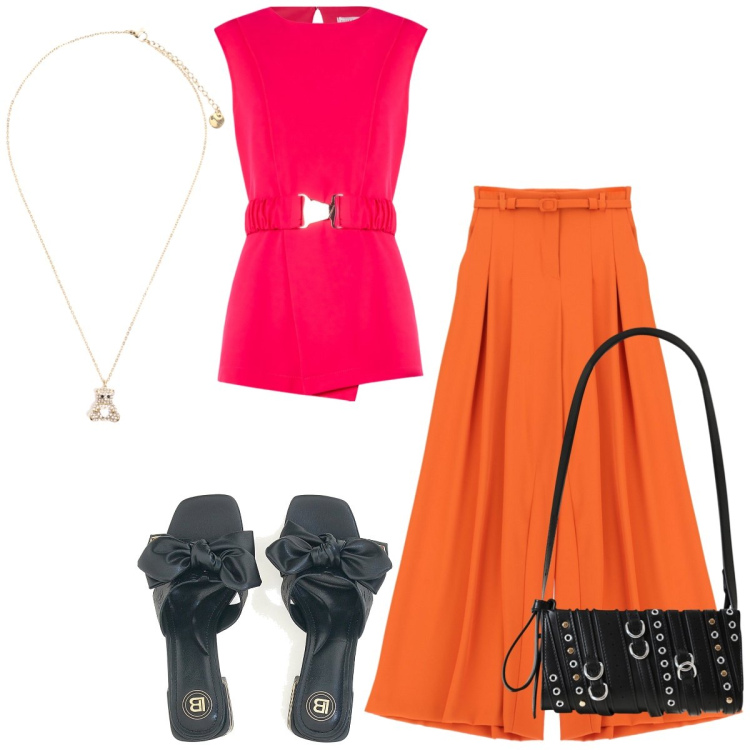 Outfit donna - In città. Stile Casual chic per Tutti i giorni. Abbinamento con borse a spalla, top, pantaloni a palazzo, ciondoli, ciabatte.