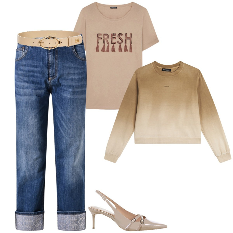 Outfit donna - Total look #2230368. Stile Casual chic per Tutti i giorni. Abbinamento con décolleté, cinture, jeans dritti, felpe, t-shirt.