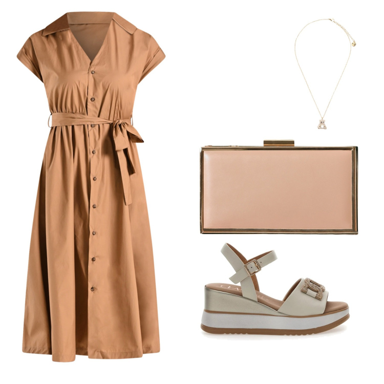 Outfit donna - Pomeriggio con le amiche. Stile Casual chic per Tutti i giorni. Abbinamento con pochette, vestiti chemisier, ciondoli, sandali in pelle.