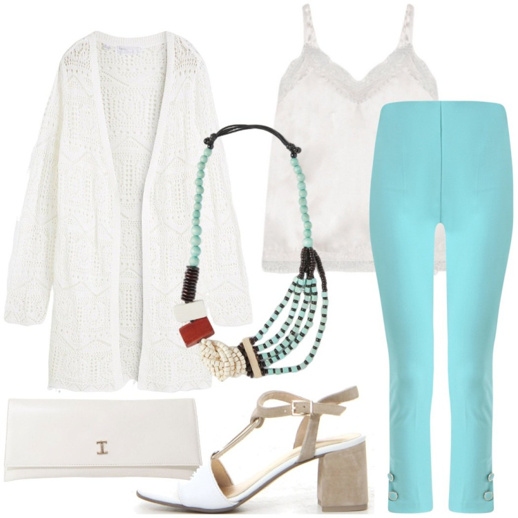 Outfit donna - Turchese ad agosto. Stile Casual chic per Tutti i giorni. Abbinamento con cardigans, pantaloni, pochette, canottiere, sandali col tacco, collane.