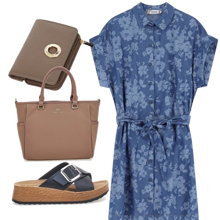 Outfit donna - City. Stile Bon Ton per Tutti i giorni. Abbinamento con vestiti corti, portafogli, ciabatte, borse a tracolla.